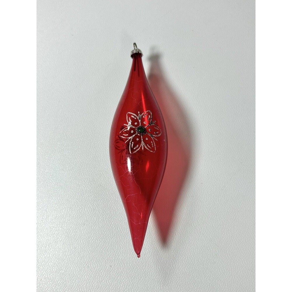Antique Red Mercury Icicle Glass Ornament Hand Painted Glitter